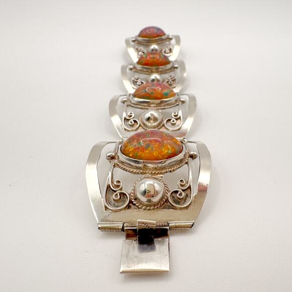 Taxco Sterling Silver Faux Opal Panel Bracelet w Cutouts Scrolls Mexico Vintage - Picture 9 of 13